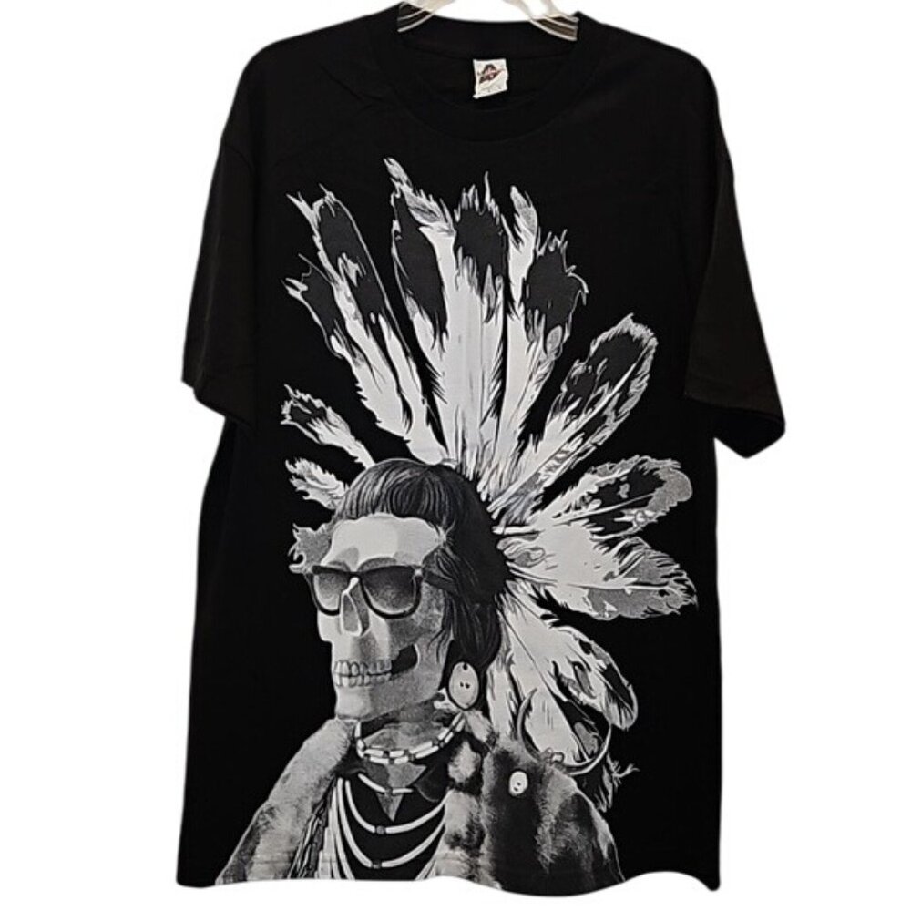 Native Skull Graphic Tee Urban Wear Size Large New Indian Black Streetwear